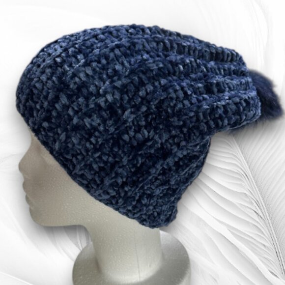 Handmade Blue Velvet Knit Beanie with Pom Pom Soft Winter Hat main image 2
